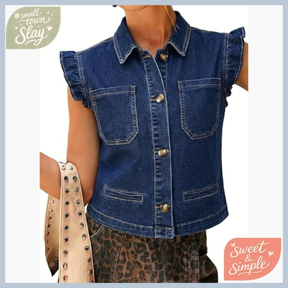 Sleeveless Denim Vest with Ruffle Cuffs Cropped Button Front Casual Top